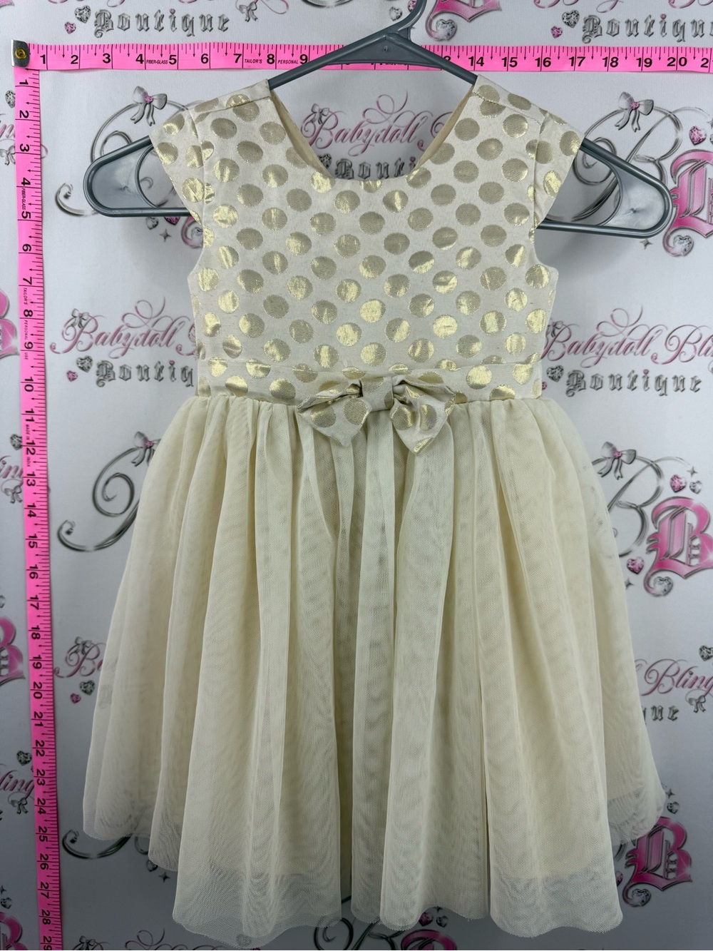 Girls dress kids Cream Dress with Gold Polka Dots and Bow